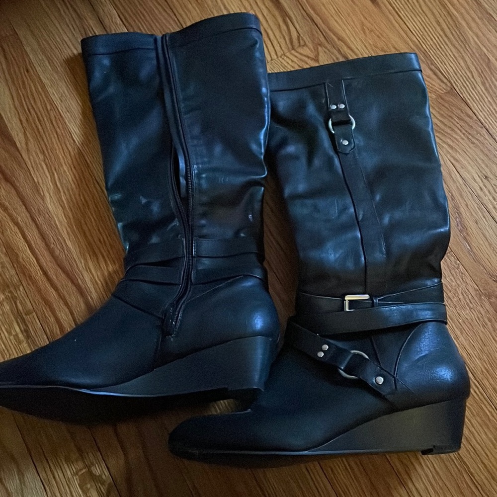 Black calf length boots